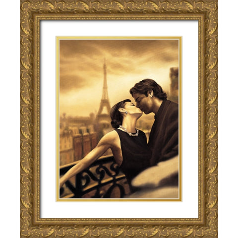 A Paris Kiss Gold Ornate Wood Framed Art Print with Double Matting by Arellano, Migdalia
