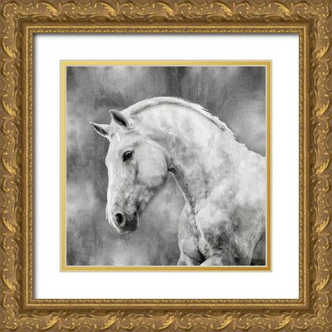 White Stallion on Silver Gold Ornate Wood Framed Art Print with Double Matting by Rose, Martin