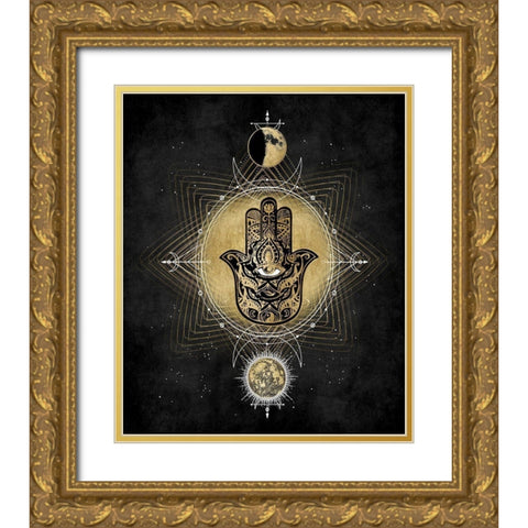 Hamsa Hand Celestial Gold Ornate Wood Framed Art Print with Double Matting by Jeffries, Oliver