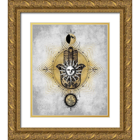 Hamsa Hand with Sun Gold Ornate Wood Framed Art Print with Double Matting by Jeffries, Oliver