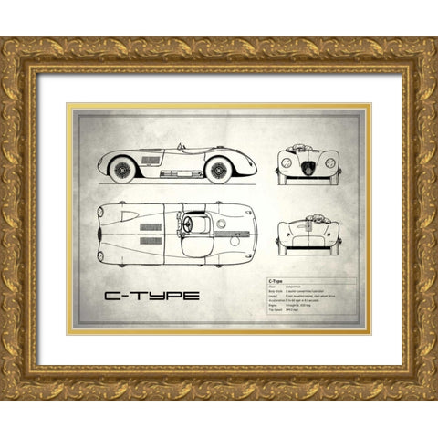 Jaguar C-Type White Gold Ornate Wood Framed Art Print with Double Matting by Rogan, Mark