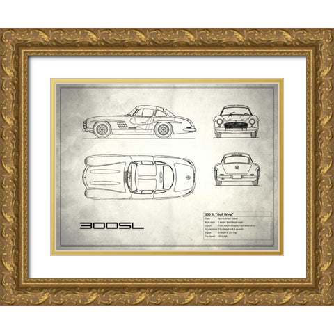 Mercedes 300SL Gullwing White Gold Ornate Wood Framed Art Print with Double Matting by Rogan, Mark