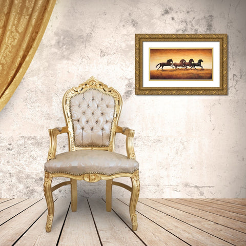 Stallions at Sunset Gold Ornate Wood Framed Art Print with Double Matting by Vargas, Ricardo