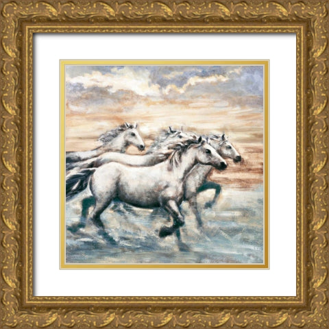 Running Horses II Gold Ornate Wood Framed Art Print with Double Matting by Steele, Ralph