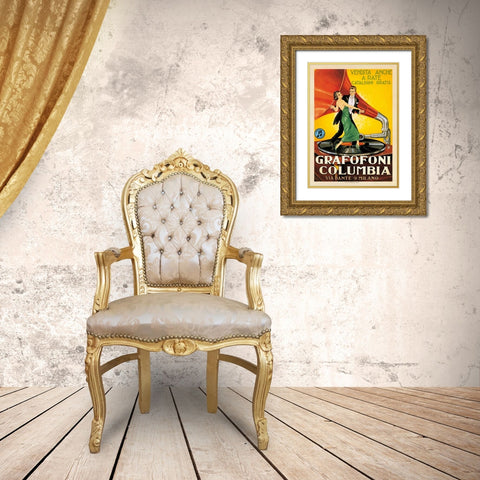 Grafofoni Columbia-1920 ca Gold Ornate Wood Framed Art Print with Double Matting by Anonymous