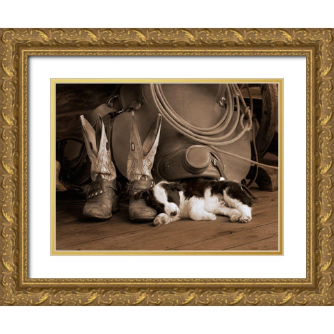 Cowboy Puppy Gold Ornate Wood Framed Art Print with Double Matting by Dawson, Robert