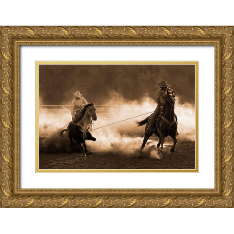 Roping on the Ranch ~ Sepia Gold Ornate Wood Framed Art Print with Double Matting by Dawson, Robert