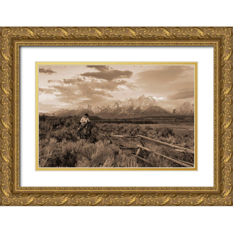 Ridin Fences I sepia Gold Ornate Wood Framed Art Print with Double Matting by Dawson, Robert