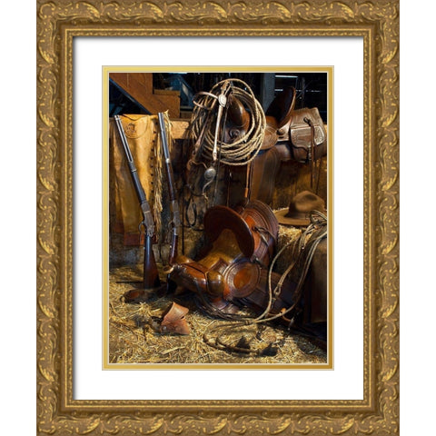 Ranchers Tack Room Gold Ornate Wood Framed Art Print with Double Matting by Dawson, Robert