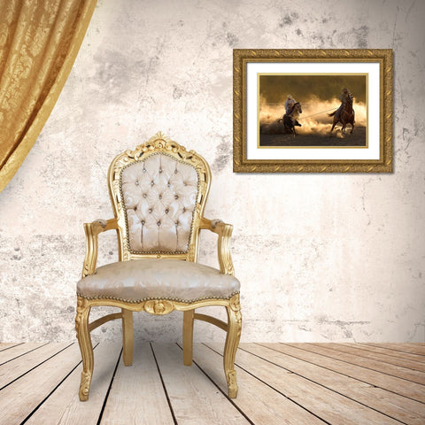Ropin on the Ranch Gold Ornate Wood Framed Art Print with Double Matting by Dawson, Robert