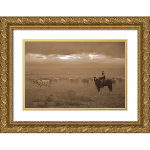 Settling the Herd Gold Ornate Wood Framed Art Print with Double Matting by Dawson, Robert
