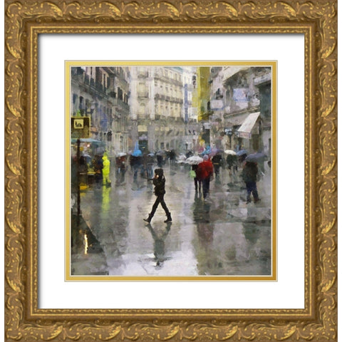 Walking in the Rain Gold Ornate Wood Framed Art Print with Double Matting by Bolokofsky, Ronald