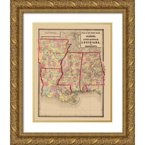 Alabama, Arkansas, Louisiana, Mississippi 1873 Gold Ornate Wood Framed Art Print with Double Matting by Stedman