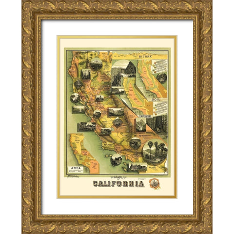 California Illustrated Map - Jones 1898 Gold Ornate Wood Framed Art Print with Double Matting by Jones