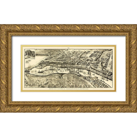 San Pedro California - Peck 1905 Gold Ornate Wood Framed Art Print with Double Matting by Peck