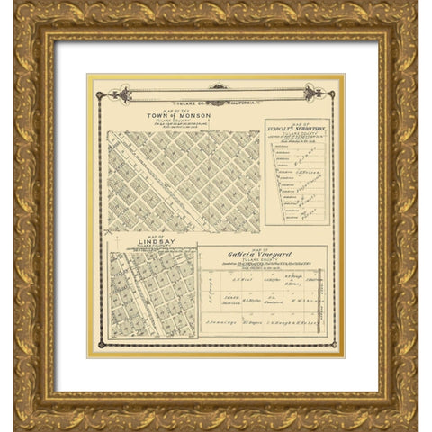 Lindsay, Monson California - Thomas 1892 Gold Ornate Wood Framed Art Print with Double Matting by Thomas