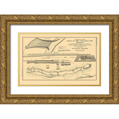 Chattahoochee Falls Armory Georgia - Bowen 1827 Gold Ornate Wood Framed Art Print with Double Matting by Bowen