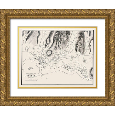 Honolulu Hawaii - Wall 1887 Gold Ornate Wood Framed Art Print with Double Matting by Wall
