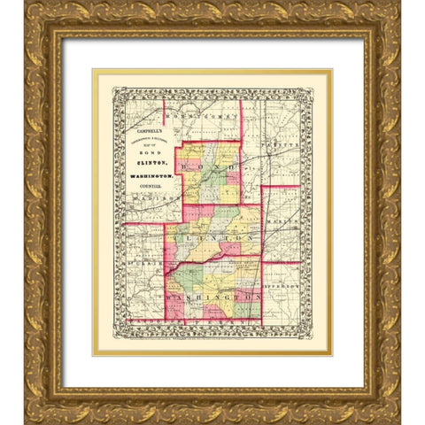 Bond Clinton Washington Illinois - Cambell 1870 Gold Ornate Wood Framed Art Print with Double Matting by Cambell