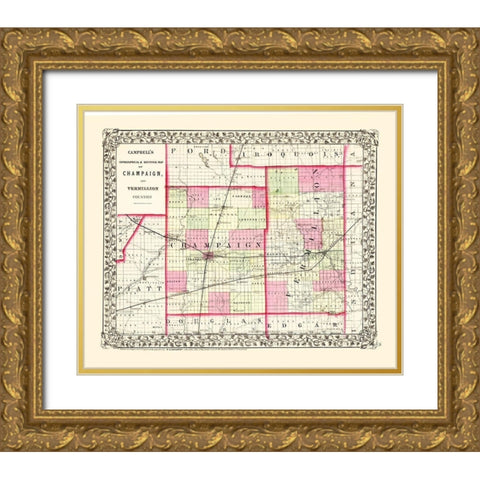 Champaign Vermillion Illinois - Campbell 1850 Gold Ornate Wood Framed Art Print with Double Matting by Campbell