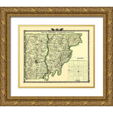 Edwards  Wabash Illinois Landowner - Warner 1870 Gold Ornate Wood Framed Art Print with Double Matting by Warner