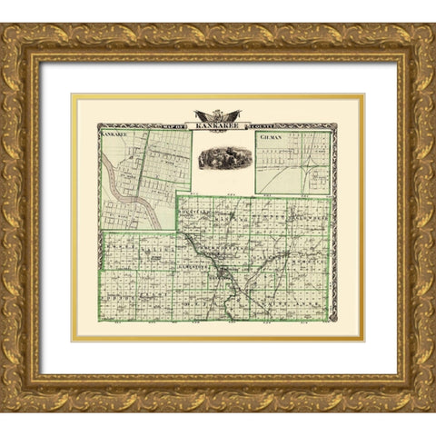 Kankakee Illinois Landowner - Warner 1876 Gold Ornate Wood Framed Art Print with Double Matting by Warner
