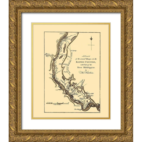 Mississippi River Villages - Hutchins 1778 Gold Ornate Wood Framed Art Print with Double Matting by Hutchins