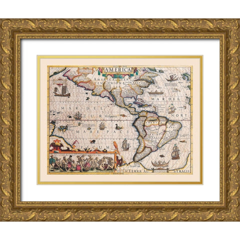 America - Hondius 1607 Gold Ornate Wood Framed Art Print with Double Matting by Hondius