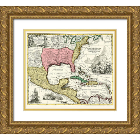 Central America New Spain Mexico - Homann 1732 Gold Ornate Wood Framed Art Print with Double Matting by Homann