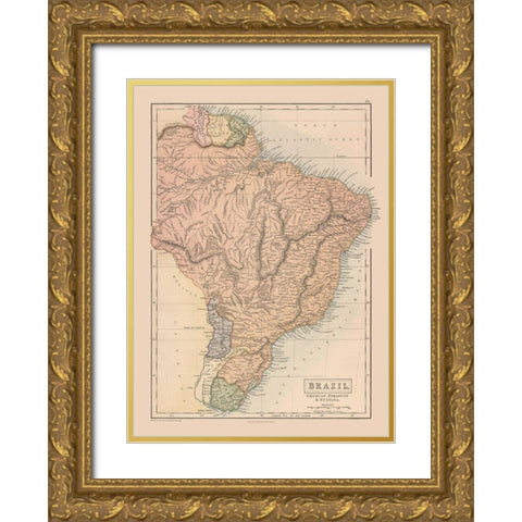 South America Brazil Uruguay Paraguay Guayana Gold Ornate Wood Framed Art Print with Double Matting by Black