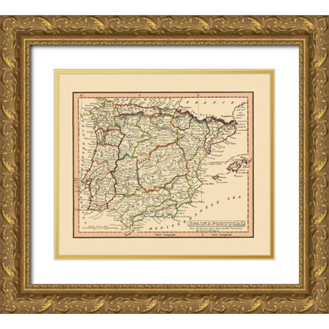 Spain Portugal - Thomas 1835 Gold Ornate Wood Framed Art Print with Double Matting by Thomas