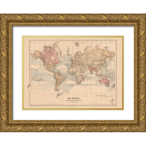Mercator Projection - Black 1867 Gold Ornate Wood Framed Art Print with Double Matting by Black