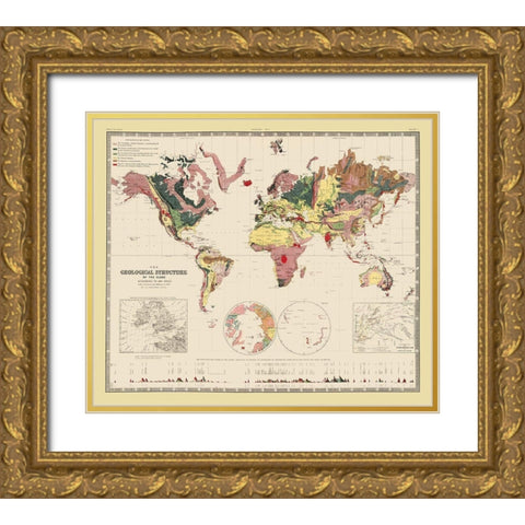 Geological Structure of Globe - Johnston 1855 Gold Ornate Wood Framed Art Print with Double Matting by Johnston