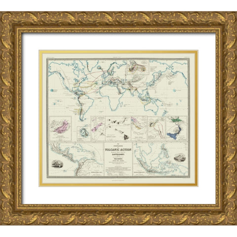 Global Volcanic Action Earthquakes - Johnston 1854 Gold Ornate Wood Framed Art Print with Double Matting by Johnston