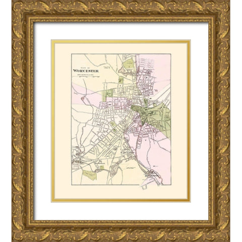 Worcester Massachusetts - Stedman 1871 Gold Ornate Wood Framed Art Print with Double Matting by Stedman