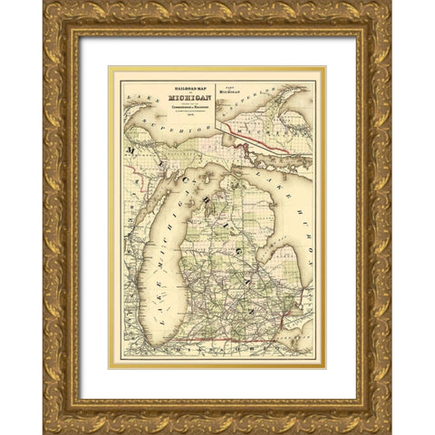Railroad Map - Gray 1876 Gold Ornate Wood Framed Art Print with Double Matting by Gray