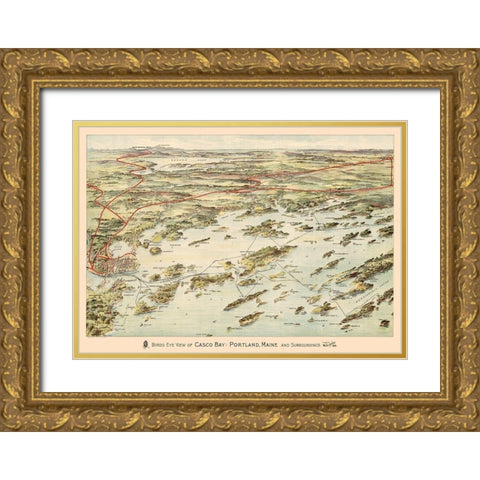 Casco Bay Maine - Walker 1906 Gold Ornate Wood Framed Art Print with Double Matting by Walker