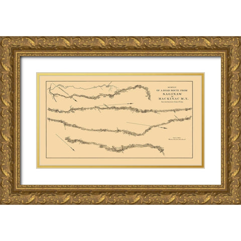 Saginaw to Mackinac Michigan Road Survey Gold Ornate Wood Framed Art Print with Double Matting by Poole