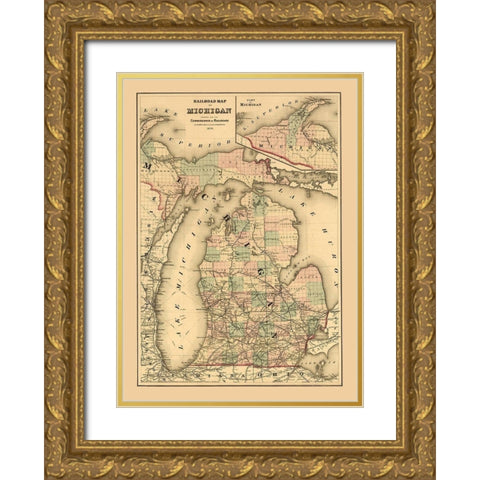 Michigan Railroads - Gray 1876 Gold Ornate Wood Framed Art Print with Double Matting by Gray