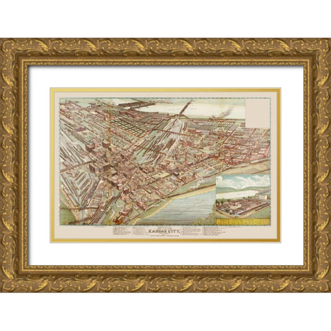Kansas City West Bottoms Kansas Missouri Gold Ornate Wood Framed Art Print with Double Matting by Koch