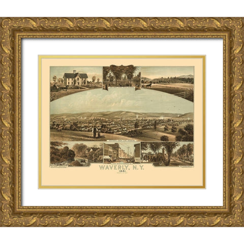 Waverly New York - Moray 1881 Gold Ornate Wood Framed Art Print with Double Matting by Moray