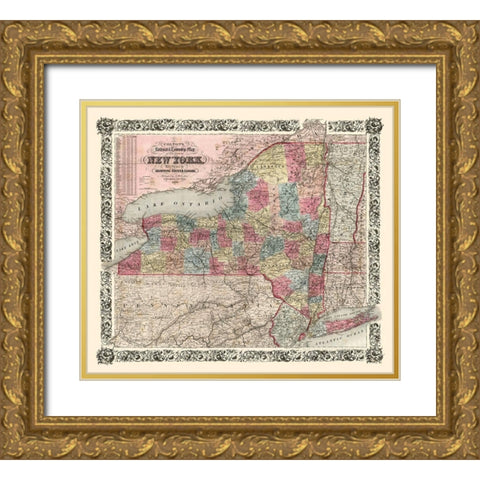 New York Railroads- Colton 1852 Gold Ornate Wood Framed Art Print with Double Matting by Colton