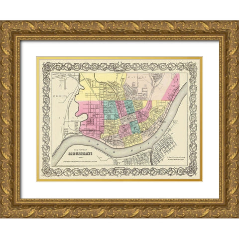 Cincinnati Ohio - Colton 1855 Gold Ornate Wood Framed Art Print with Double Matting by Colton