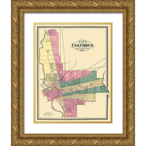Columbus Ohio - Bowen 1872 Gold Ornate Wood Framed Art Print with Double Matting by Bowen