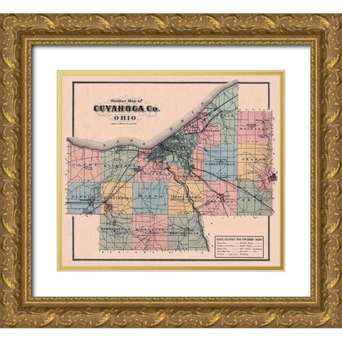 Cuyahoga Ohio Outline - 1876 Gold Ornate Wood Framed Art Print with Double Matting by Unknown