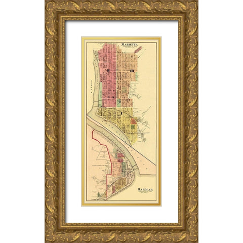 Marietta, Harmar Ohio Landowner - Hayes 1877 Gold Ornate Wood Framed Art Print with Double Matting by Hayes