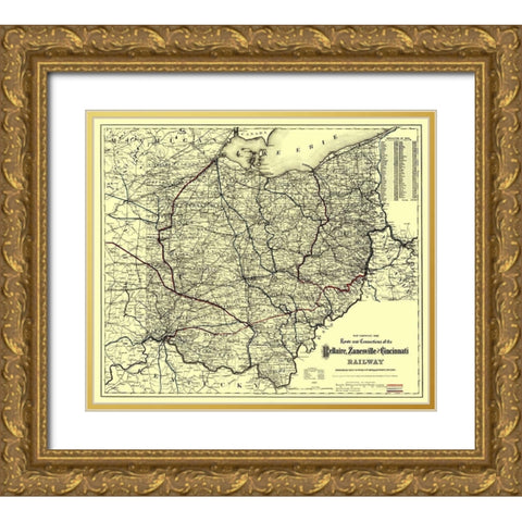 Bellaire, Zanesville and Cincinatti Railway 1883 Gold Ornate Wood Framed Art Print with Double Matting by Colton