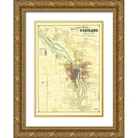 Portland Oregon Paving - Schmidt 1894 Gold Ornate Wood Framed Art Print with Double Matting by Schmidt