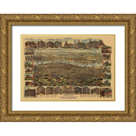 Portland Oregon - Elliot 1890 Gold Ornate Wood Framed Art Print with Double Matting by Elliot