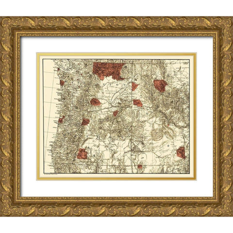 Oregon, Washington with Indian Reservations - 1881 Gold Ornate Wood Framed Art Print with Double Matting by Unknown